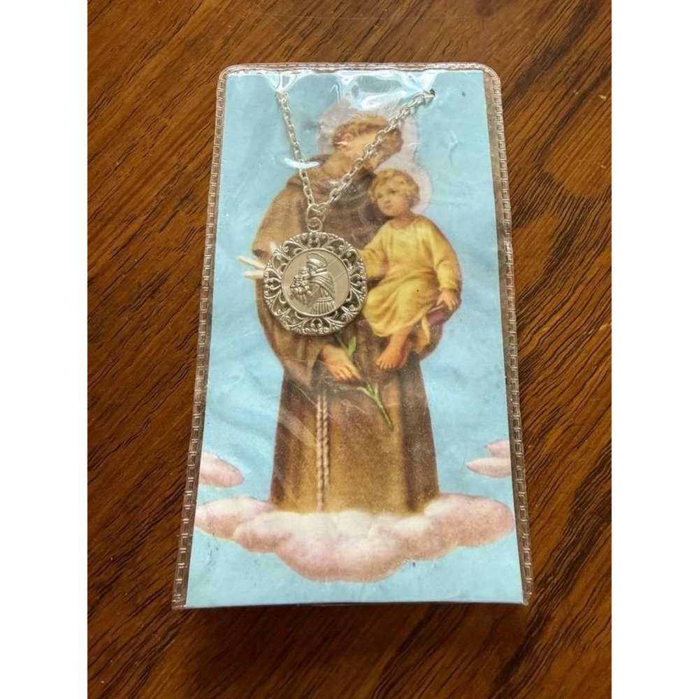 2 Silver tone Saint Anthony necklaces w/ prayer cards